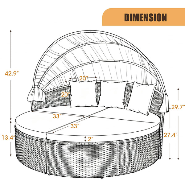 Round Patio Daybed with Retractable Canopy & Washable Cushions