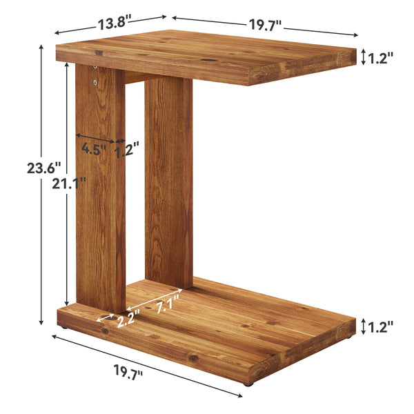 Solid Wood C-Shaped End Table with 2-Tier Storage