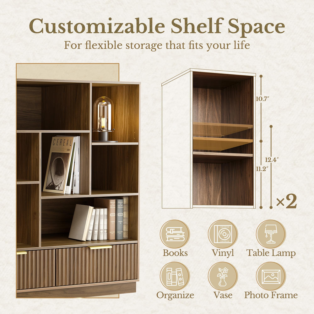 4-Tier Fluted Bookshelf with Drawers & Storage