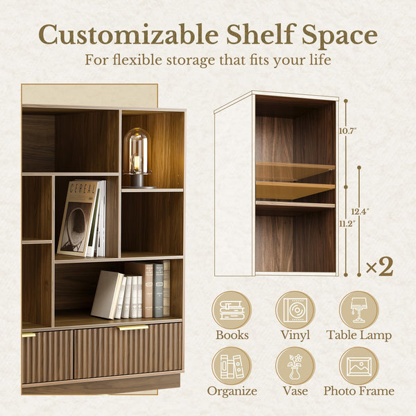 4-Tier Fluted Bookshelf with Drawers & Storage