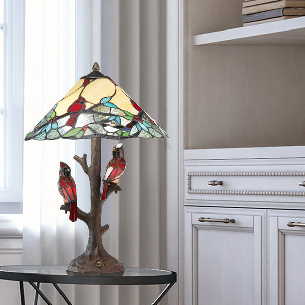 Stained Glass Cardinals on Tree Table Lamp – Tiffany Style, 23.75"H