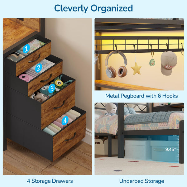Full Over Full Bunk Bed with Desk & Storage Drawers