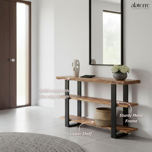 48-Inch 3-Tier Live Edge Console Table with Metal Frame