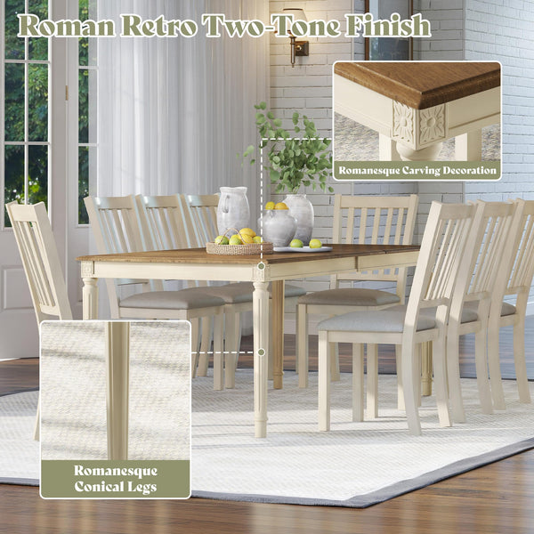 Farmhouse Solid Wood Dining Table Set with 8 Upholstered Chairs