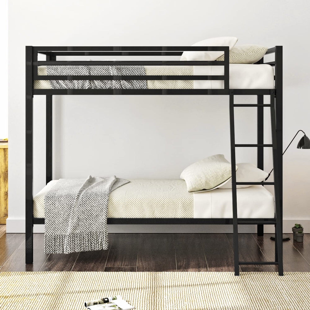 Twin Over Twin Metal Bunk Bed with Ladder and Guardrail