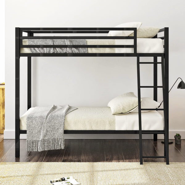 Twin Over Twin Metal Bunk Bed with Ladder and Guardrail