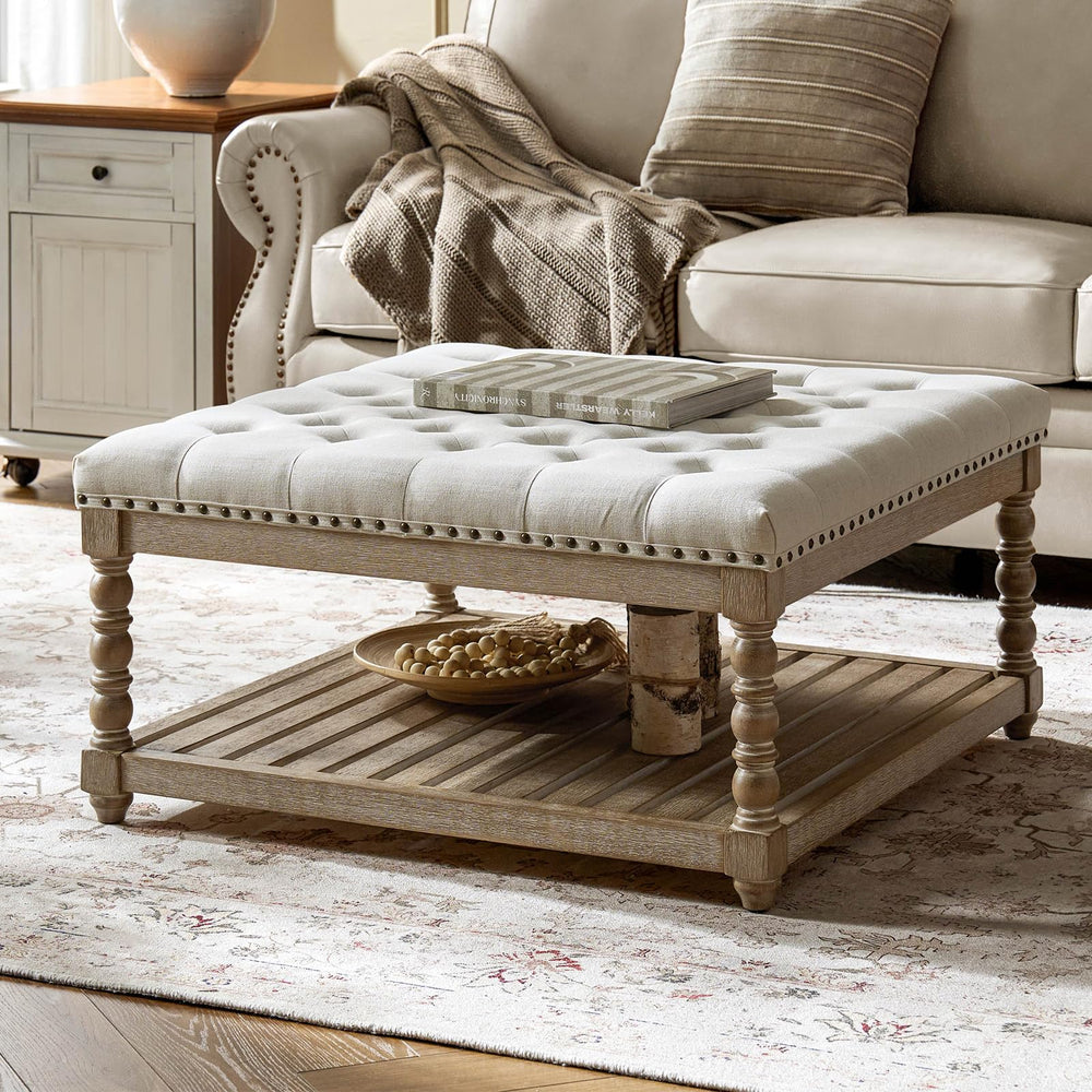 Upholstered Rectangular Ottoman with Spindle Legs & Storage Shelf