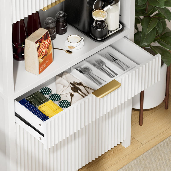 Fluted Pantry Cabinet with Charging Station, Adjustable Shelves & Storage Drawers