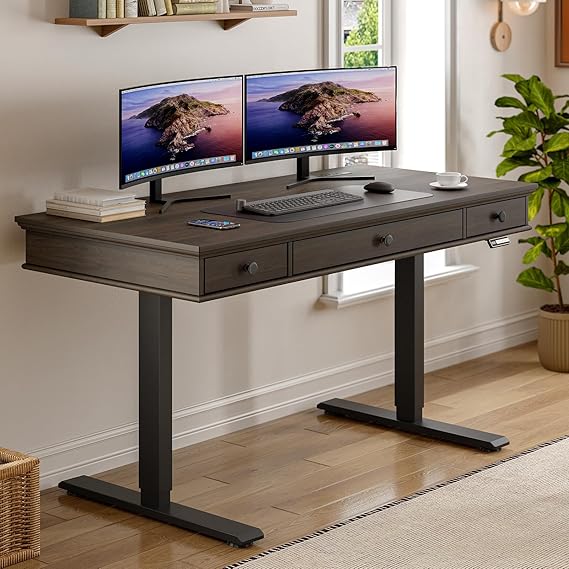 Electric Height Adjustable Standing Desk with Drawers & Outlets, 55" x 23"
