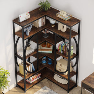 LITTLE TREE Large Corner Bookshelf Industrial Bookcase for Living Room Home Office,Brown