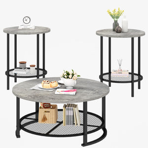 Round Coffee Table and End Table Set of 3 with Storage