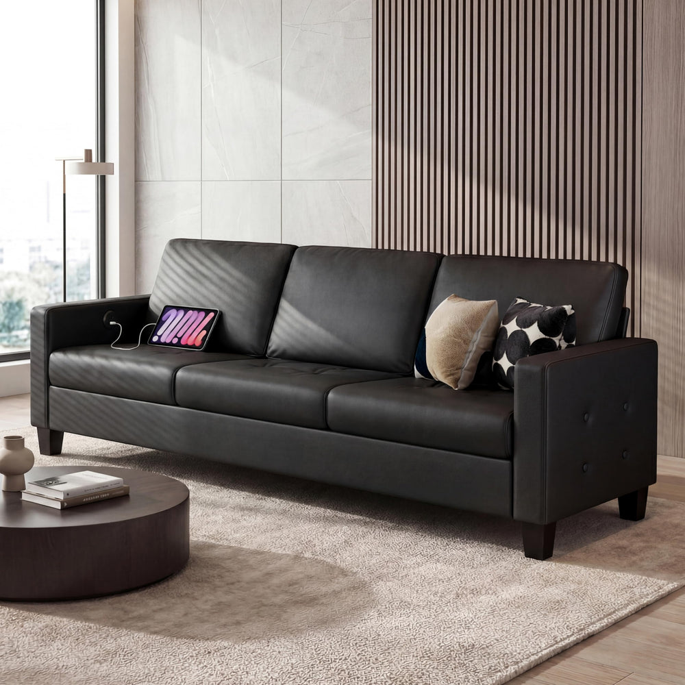 Black Faux Leather Tufted Sofa with USB Charging