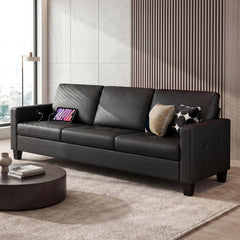 Black Faux Leather Tufted Sofa with USB Charging