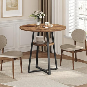 Round Dining Table with Storage Shelf, 31.5" Farmhouse Kitchen Table for 2-4