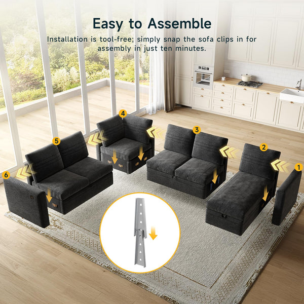 Modular Sectional Sleeper Sofa with Pull-Out Bed | 6-Seat U-Shaped Couch with Storage & USB Ports