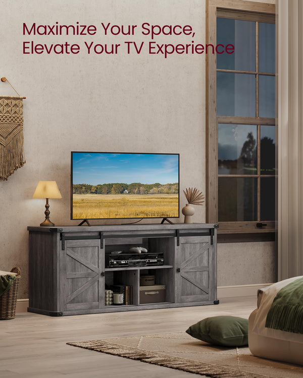Farmhouse TV Stand with Sliding Barn Doors – Fits TVs up to 65"