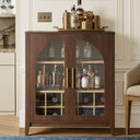 Wine Bar Cabinet with Glass Doors, Wine & Glass Rack, Mid-Century Modern Sideboard