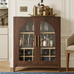 Wine Bar Cabinet with Glass Doors, Wine & Glass Rack, Mid-Century Modern Sideboard