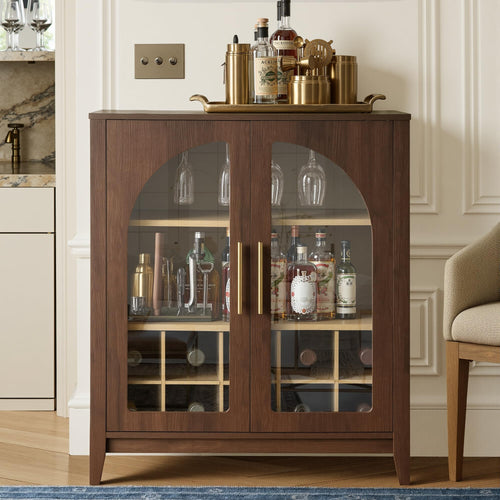 Wine Bar Cabinet with Glass Doors, Wine & Glass Rack, Mid-Century Modern Sideboard