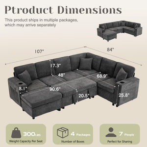 107" U-Shaped Sectional Sleeper Sofa with Pull-Out Bed