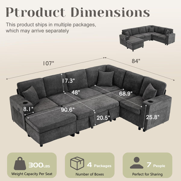 107" U-Shaped Sectional Sleeper Sofa with Pull-Out Bed