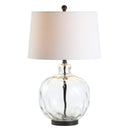 Clear Glass and Black Metal LED Table Lamp with White Linen Shade