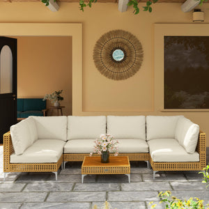 7-Piece Wicker Outdoor Sectional Patio Set with Cushions & Acacia Wood Table