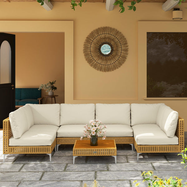 7-Piece Wicker Outdoor Sectional Patio Set with Cushions & Acacia Wood Table