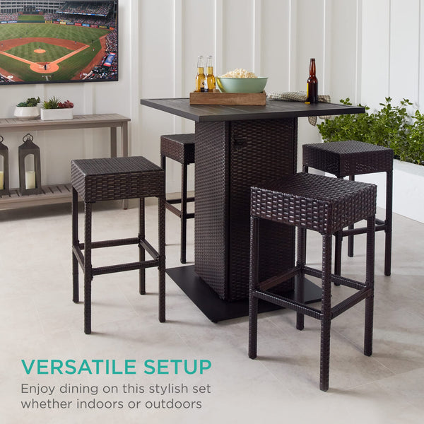 5-Piece Outdoor Wicker Bar Table Set with 4 Stools