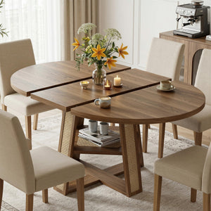 Extendable Round Dining Table with Storage Shelf — Seats 4–8