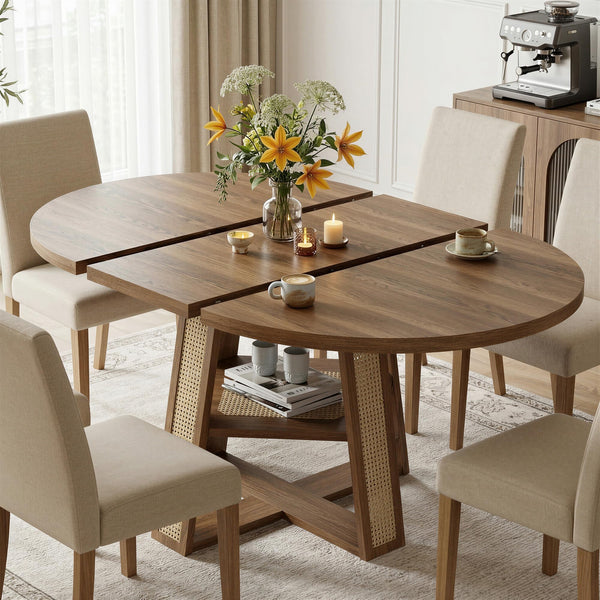 Extendable Round Dining Table with Storage Shelf — Seats 4–8
