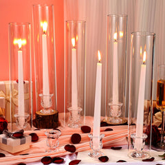 Glass Hurricane Candle Holder Set with Taper Candlesticks & White Candles (12 Set)