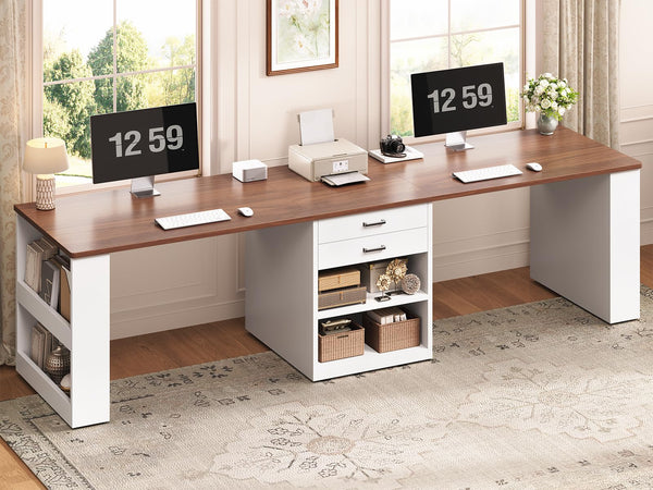 2-Person Computer Desk with Drawers & Storage Shelves, 90.5"