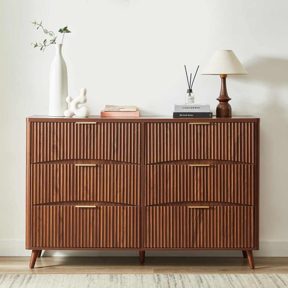 Mid-Century 3-Piece Bedroom Set – Fluted 6-Drawer Dresser & 2 Nightstands (Walnut)