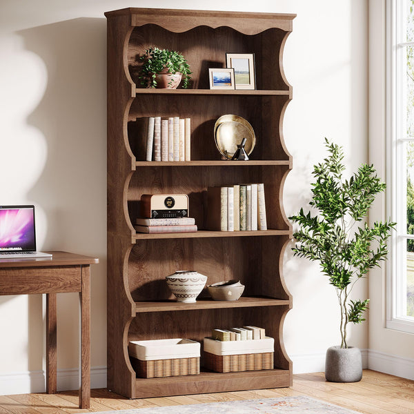 5-Tier Tall Bookcase with Curved-Edge Design