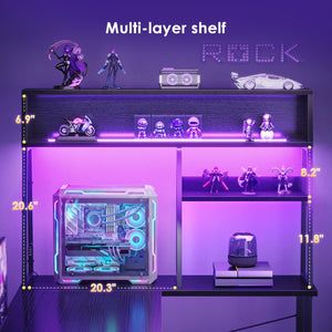 L-Shaped Gaming Desk with LED Lights and Display Shelves