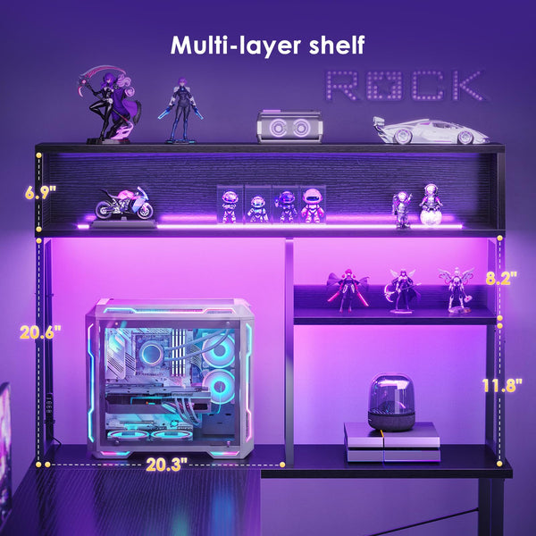 L-Shaped Gaming Desk with LED Lights and Display Shelves