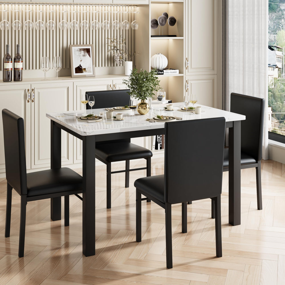 5-Piece Dining Table Set with Faux Marble Top & Metal Frame