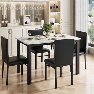 5-Piece Dining Table Set with Faux Marble Top & Metal Frame