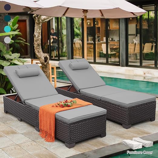 Outdoor Chaise Lounge Set of 2 – Adjustable Wicker Pool Loungers