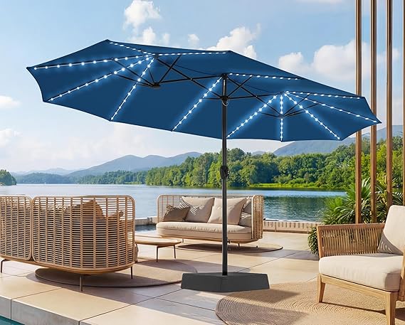 15ft LED Solar Patio Umbrella with Base
