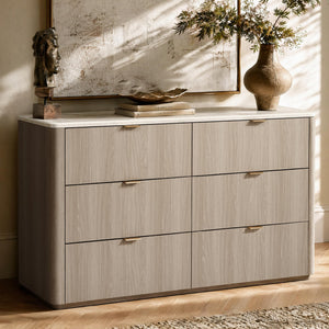 6-Drawer Bedroom Dresser with Faux Travertine Top