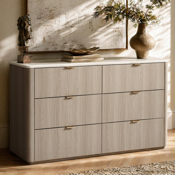 6-Drawer Bedroom Dresser with Faux Travertine Top