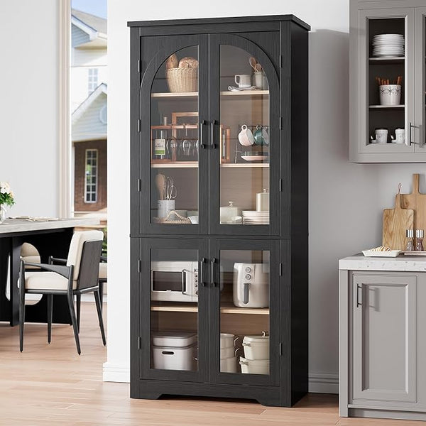 70" Tall Kitchen Pantry Cabinet with 4 Arched Glass Doors & Adjustable Shelves