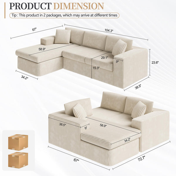 105" L-Shaped Sectional Sofa with Chaise – Corduroy Modular Couch