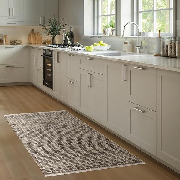 Brown Micro Grid Area Rug – Geometric, Non-Shedding, Pet-Friendly