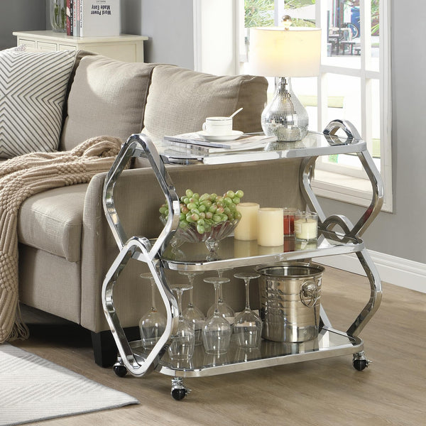 Chrome Bar Cart with Wheels & Glass Shelves
