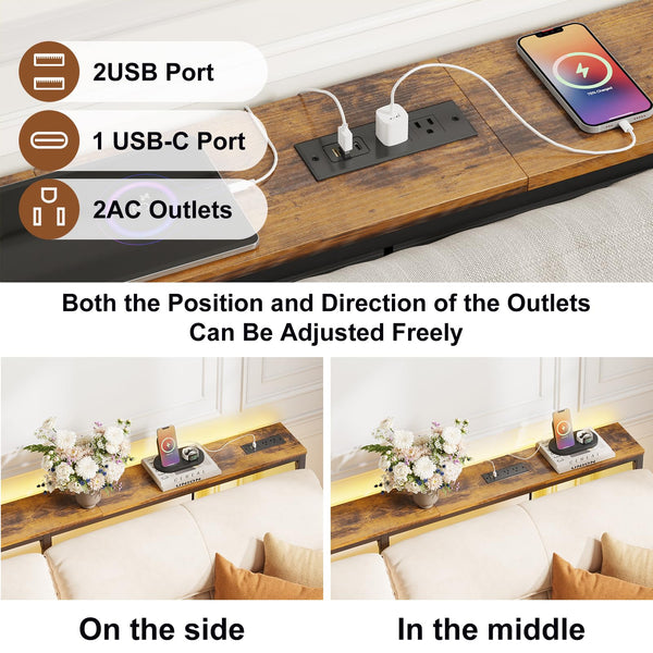 79" Adjustable Behind Couch Console Table with Outlets & LED Lights