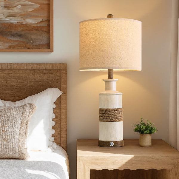 Boho Rattan Table Lamps Set of 2 with Touch Dimmer & USB Ports