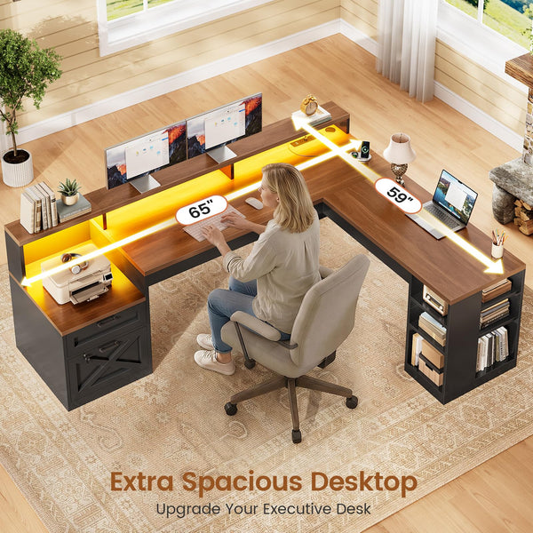 L-Shaped Corner Desk with Storage, Drawers & LED Lights